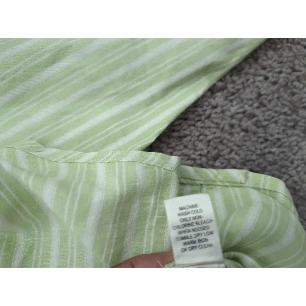 Banana Republic‎ Button Up Shirt Mens 18-18.5 Green Striped 58% Linen Classic